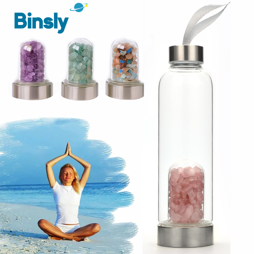 Rose Water Spray - ขวดน้ำแก้วคริสตัลธรรมชาติพร้อมตัวกรองอัญมณี โรสควอตซ์ อเมทิสต์ เอเวนเจอรีน ขวดน้ำพลังงานพร้อมฝาเหล็ก
